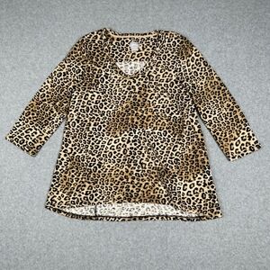Chicos Blouse Womens 1 US M Brown Leopard Print V Neck Flowy 3/4 Sleeve‎